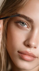 Fototapeta premium Portrait of young woman grooming eyebrows with brush on neutral background perfect for beauty, skincare and cosmetic product advertising visuals 