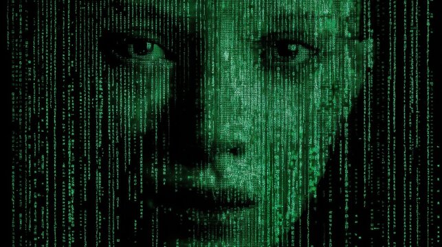  
Human face emerging through digital green code lines concept of artificial intelligence, data matrix and virtual identity in futuristic cyberspace environment
