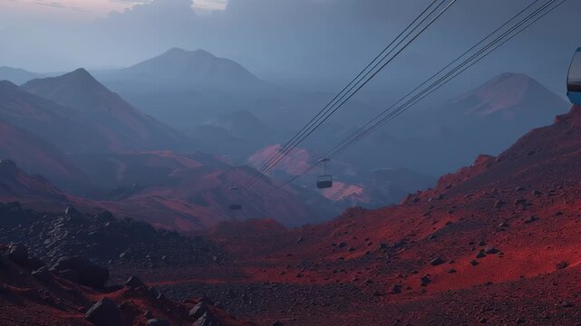 Cable car moving above a rugged volcanic landscape with red rocky slopes, distant mountains, and misty blue sky in a dramatic aerial scene