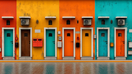 Naklejka premium Flat lay colorful doors arranged in grid pattern architecture design choice opportunity concept generated ai