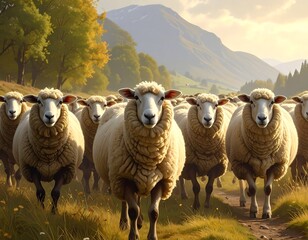 Scenic Herd of Sheep Grazing in a Lush Green Meadow with Mountain Backdrop