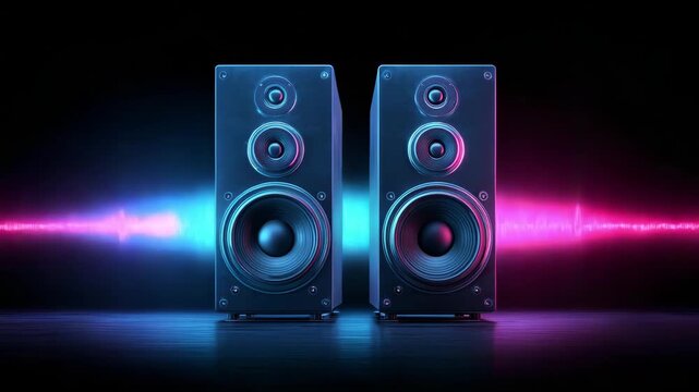 Twos speakers emit dynamic sound waves while colorful light effects create an engaging atmosphere in a dark setting