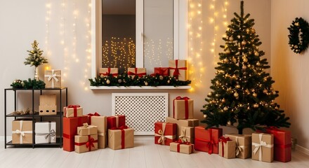 Christmas tree with presents and lights creating a festive holiday atmosphere indoors at home