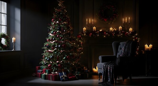 Christmas tree and presents in dimly lit room with candles and wreath decorations for the holidays
