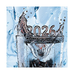 Dynamic 2026 New Year Water Splash in Glass—Clean Future Concept