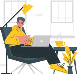 Man working on laptop in a comfortable chair with coffee and lamp person computer