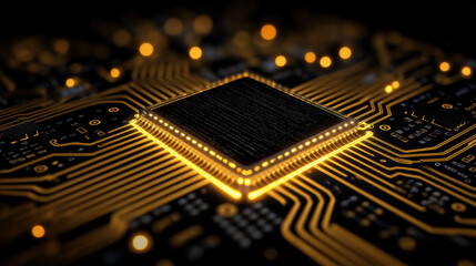Futuristic microchip on PCB board — glowing gold traces and high-detail metallic close-up
