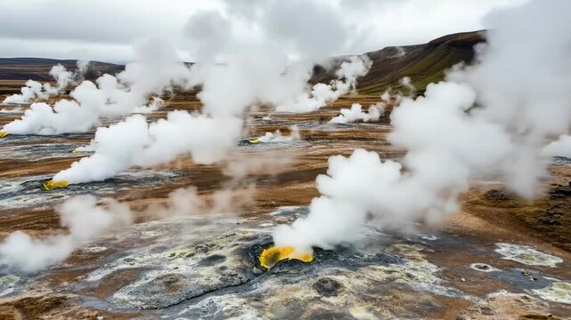 Geothermal landscape with steaming vents and fumaroles in Iceland.