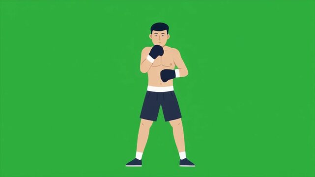 Animated male boxer in fighting stance wearing black shorts and gloves on a green screen background.