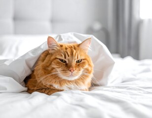 Sleepy ginger cat resting comfortably under a white duvet on a cozy bed