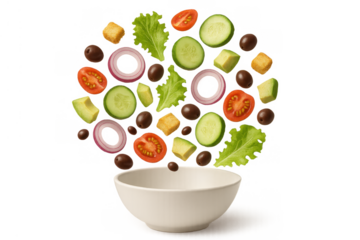 Fresh salad ingredients falling into a bowl, creating a healthy meal on a transparent background