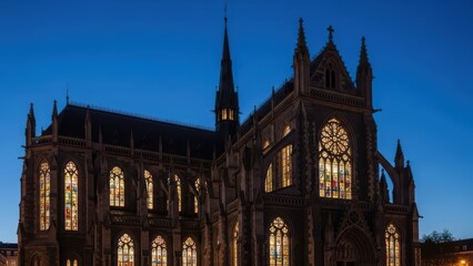 Gothic cathedral illuminated at twilight showcasing stained glass windows