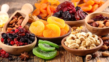 Wooden bowls with dried fruit and nuts on a rustic wooden surface, illuminated by soft, natural light