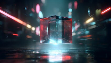 Illuminated futuristic cube emitting bright light beams amidst blurry neon streaks and reflections on wet surface