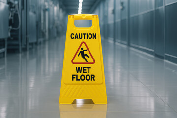 Yellow caution sign warning of wet floor stands on shiny hallway floor. cautionary symbol of danger and slippery surface