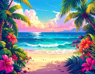 Tropical paradise beach with hibiscus flowers and palm trees, idyllic scene