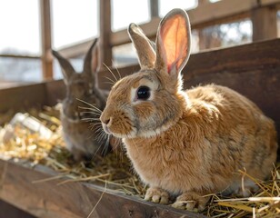 Two cute rabbits resting on hay inside wooden structure on farm outdoors