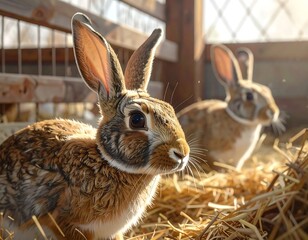 Two adorable rabbits in a rustic setting basking in the soft, natural light