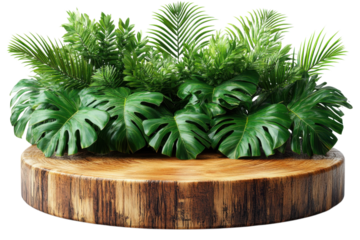 Wooden podium with jungle foliage tropical monstera leaves and lush fern forest exotic display stage