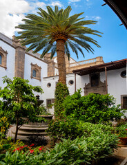 Fototapeta premium Las Palmas, Gran Canaria – Courtyard of Santa Ana Cathedral with tall palm tree, fountain, lush garden and historic portal