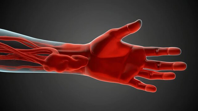 Anatomical animation of a human hand showing inflammation and pain spreading throughout the palm and fingers, highlighting damaged tissue and blood vessels in red, medical concept