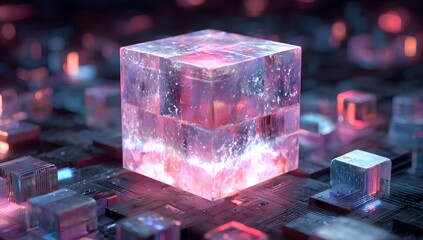 Abstract glowing crystal cube structure with vibrant neon lights and futuristic geometric shapes in a dark ethereal digital environment