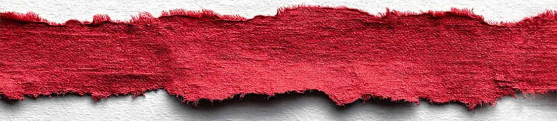 Textured strip of bright red coarsely woven fabric torn across a white textured surface
