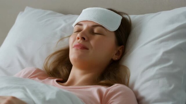 Close up of a young woman lying in bed with her eyes closed and a cool compress on her forehead, appearing unwell or asleep, possibly experiencing fever or fatigue during sickness or rest.