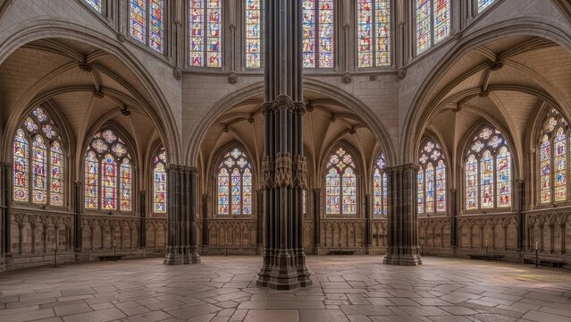 Gothic cathedral interior with stained glass windows and vaulted ceilings