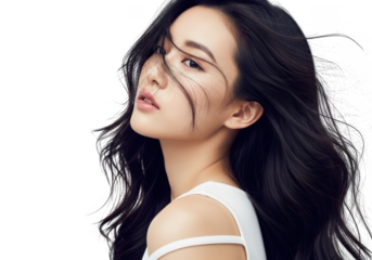 Young woman with long dark hair isolated on transparent background