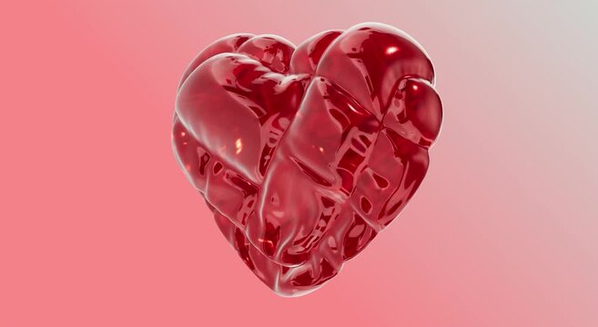 Glossy red heart-shaped balloon slowly inflating and deflating in loop. Valentine's day 3D animation evokes breath-like motion and emotional resonance against gradient pink-gray backdrop