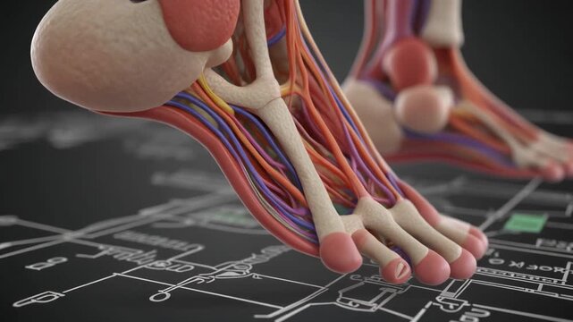 Detailed anatomical animation of the human foot and ankle bones ligaments tendons muscles and blood vessels in a scientific medical context