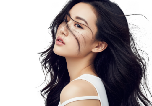 Young woman with long dark hair isolated on transparent background