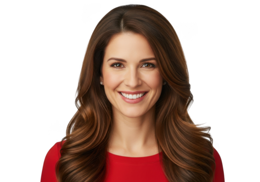 Smiling woman in red shirt isolated on transparent background