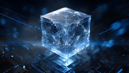 Illuminated translucent geometric crystal cube structure glowing with ethereal blue light on a dark futuristic background with digital patterns and bokeh effects