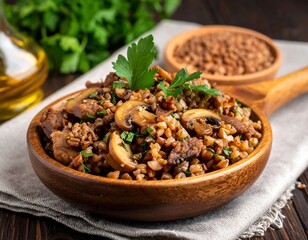 Buckwheat kasha with mushrooms and meat, served in a wooden bowl on a linen cloth