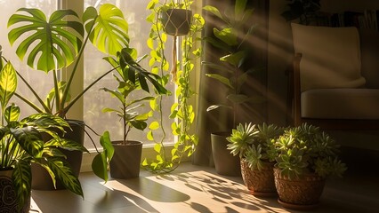 Indoor Plants by Window with Sunlight Creating a Warm Home Interior