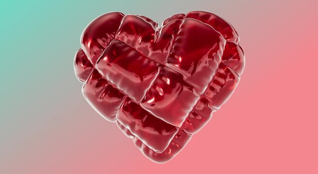 Inflated glossy red heart balloon with quilted texture and slow-moving reflections. Romantic 3D loop evokes Valentine&rsquo;s emotion and celebration against gradient red backdrop with ambient lighting.