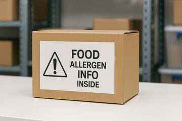 Food allergen info inside box with warning label. cautionary sign for safety in warehouse for allergy awareness