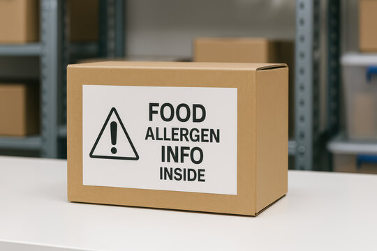 Food allergen info inside box with warning label. cautionary sign for safety in warehouse for allergy awareness