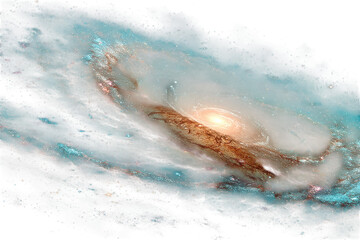 Fototapeta premium Abstract spiral galaxy illustration, glowing orange core with blue dust clouds, cosmic space background for science design isolated on Transparent Background