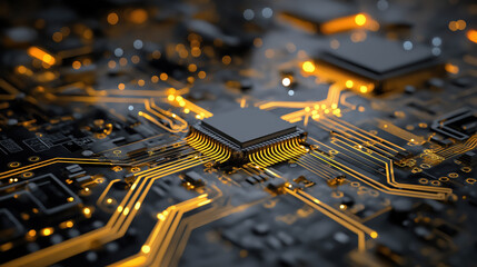 Futuristic microchip on PCB board — glowing gold traces and high-detail metallic close-up