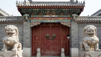 Traditional chinese architecture with stone guardian lions at ancient temple entrance