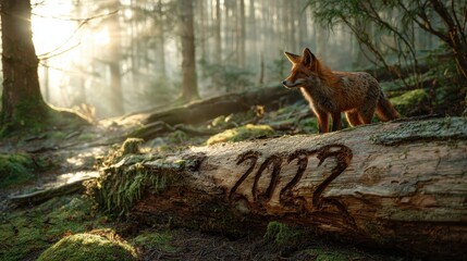 Obraz premium A small fox standing on a log in the woods