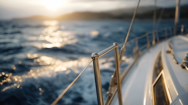A stainless steel marine railing catching golden reflections at sunset aboard a yacht as waves break softly against the hull &mdash; nautical engineering, corrosion-resistant design, and premium maritime