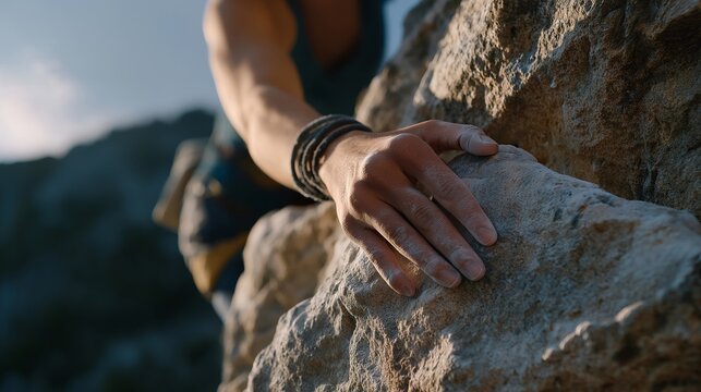 A climber facing a rock wall with chalked hands, pausing for a deep breath before attempting the next hard route — physical challenge, endurance, and fearless outdoor adventure. cinematic color