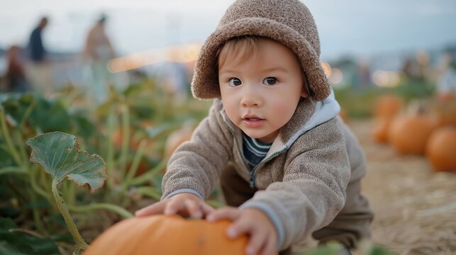 A toddler waddling through a pumpkin patch wearing a fuzzy hat, trying to lift a pumpkin twice their size while family members chuckle behind them — seasonal childhood traditions, outdoor family