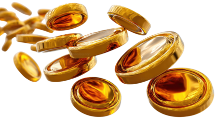 Golden Coins Shower: Gleaming golden coins cascade gracefully, symbolizing wealth, prosperity, and financial success. The image embodies the allure of riches and opportunity.