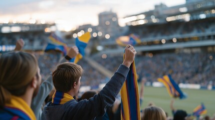 A vibrant fan zone packed with supporters wearing team colors, giant LED screens streaming the match as people wave scarves and flags under bright stadium lights — high-energy sports atmosphere,