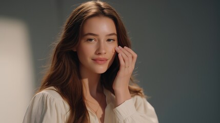 Fototapeta premium A beauty influencer demonstrating how to cover a blemish using color-correcting concealer, blending techniques visible on a 4K camera — makeup tips, blemish concealment, and beauty education